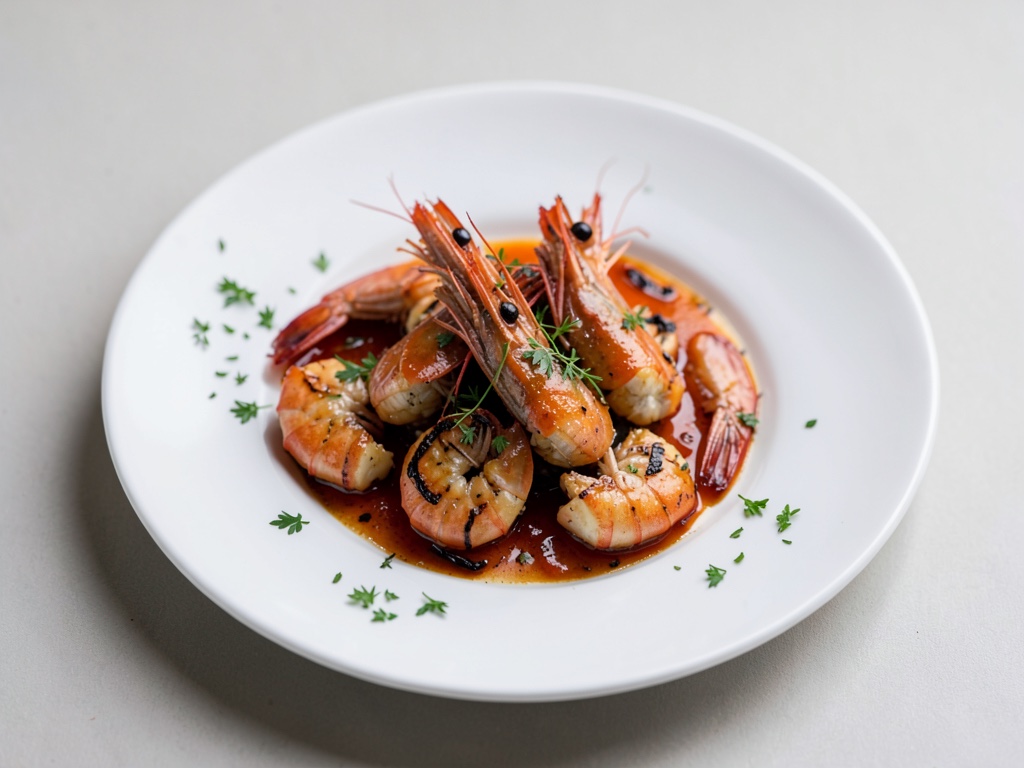 Gambas llameantes con pimiento asado
