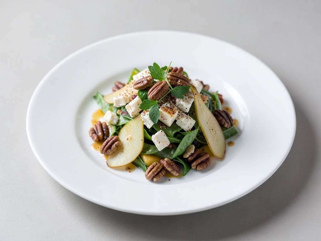 Insalata salata di pera e formaggio di capra con noci