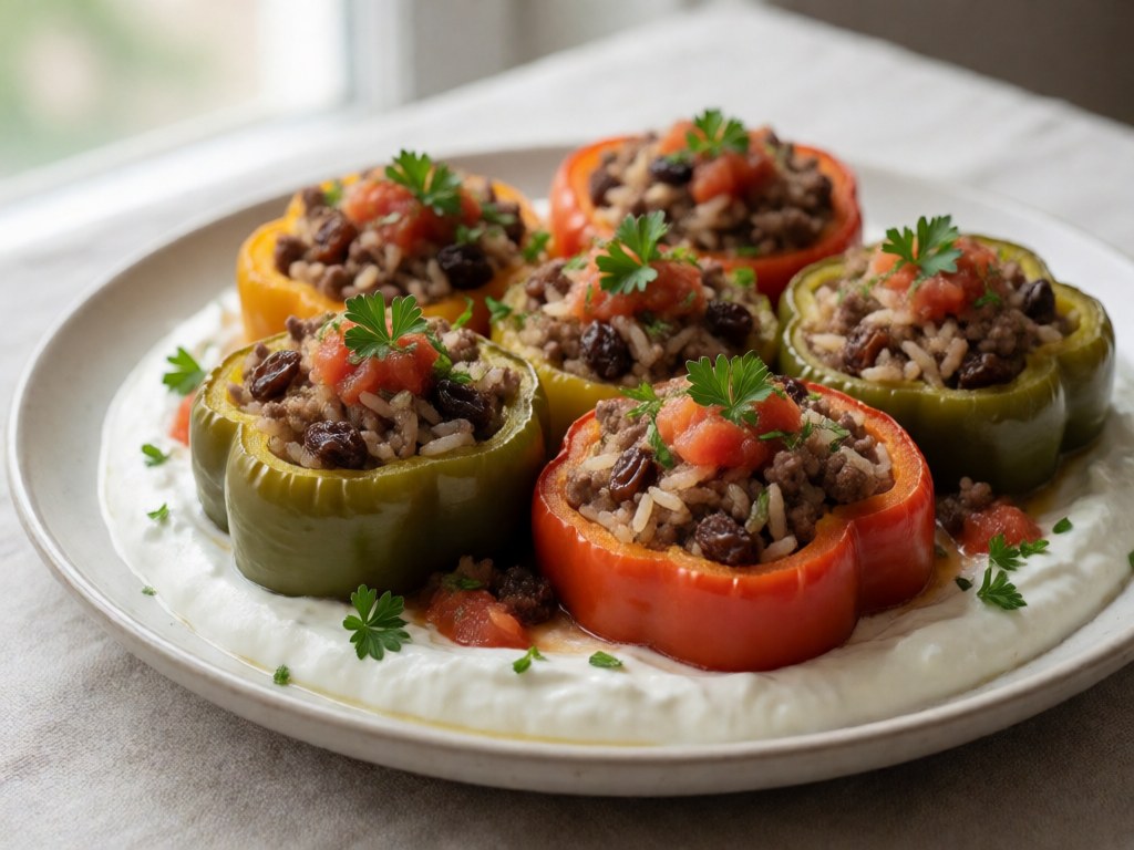 Paprika gefüllt mit Reis und Joghurt-Dip