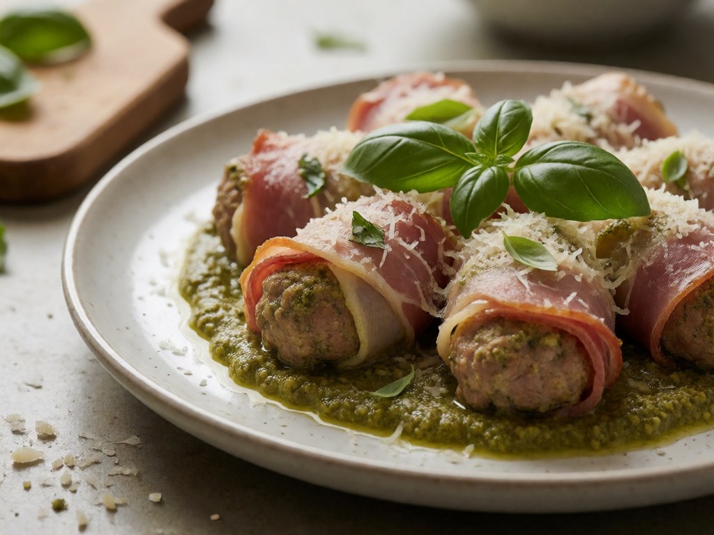 Saftige Schweinefilet-Rollen mit Pesto und Schinken