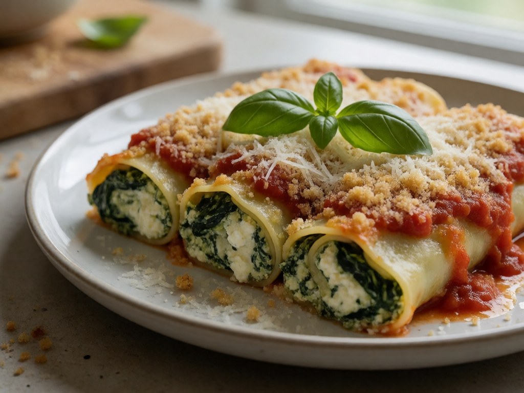 Kartoffel-Spinat-Cannelloni mit Ricotta-Crunch