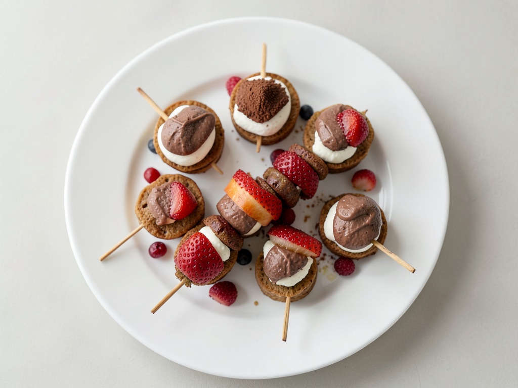 Brochetas de mini-pancakes con frutas y crema de chocolate