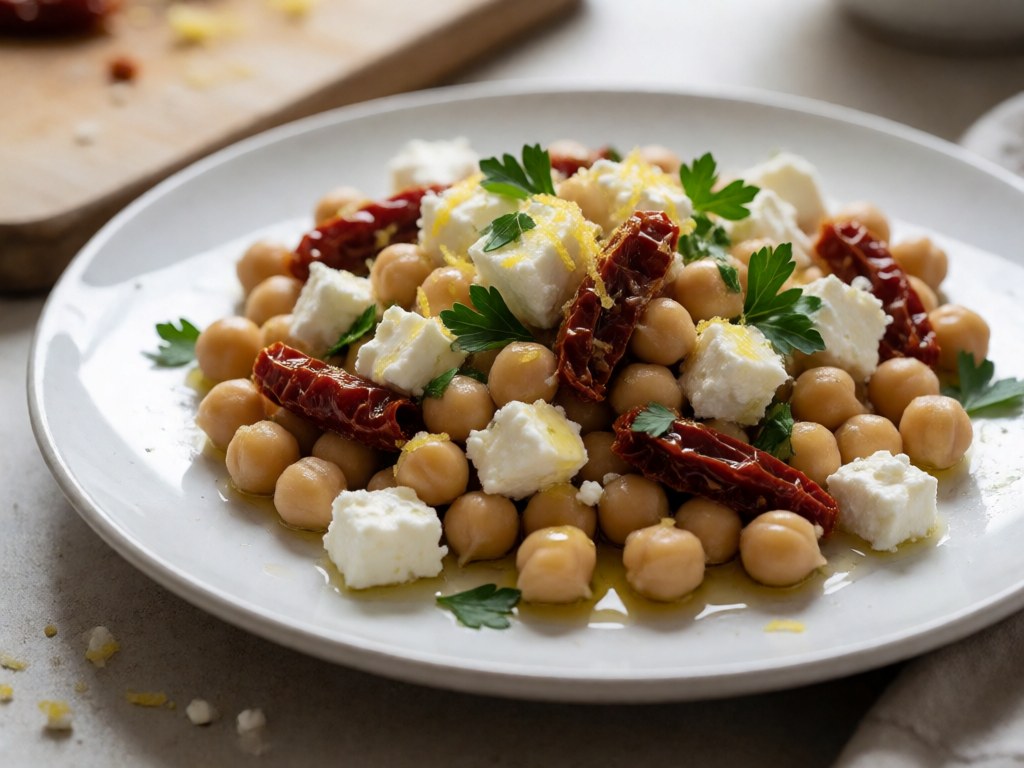 Erfrischender Kichererbsen-Salat mit Feta und sonnengetrockneten Tomaten