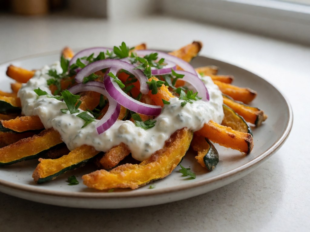 Knusprige Kürbis-Streifen aus der Heißluftfritteuse mit Feta-Dip