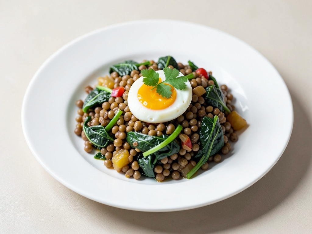Spanische Linsen-Spinat-Bowl mit Ei