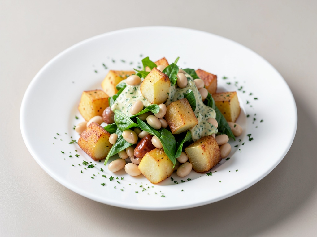 Antipasto con fagioli bianchi, cubetti di patate croccanti e condimento al basilico