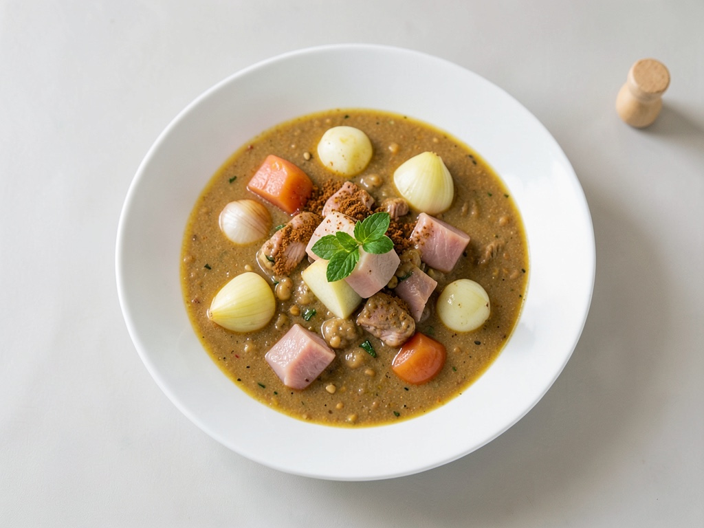Sopa cremosa de curry de manzana con eglefino frito