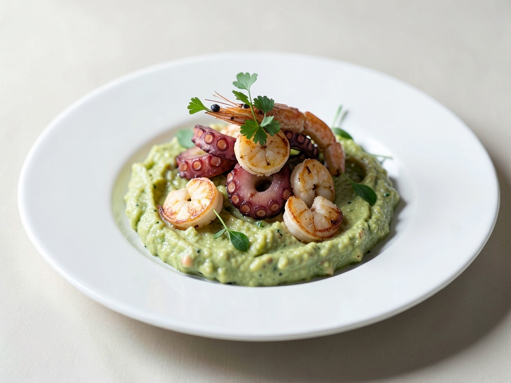 Guacamole cremoso con polpo e gamberi fritti