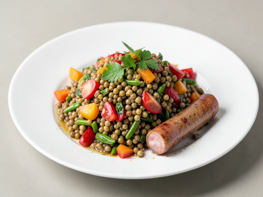 Insalata di lenticchie fruttata e croccante con salsiccia vegana