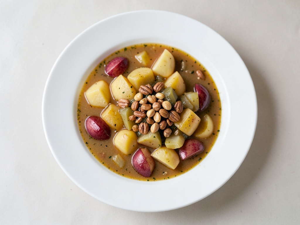 Sopa cremosa de manzana y patata con crujiente guarnición de nuez