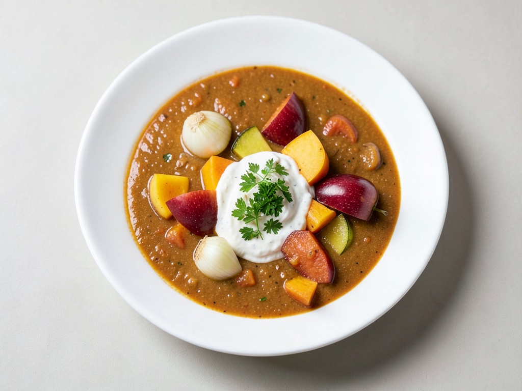 Sopa de manzana y calabaza con crema agria de jengibre y cebollino