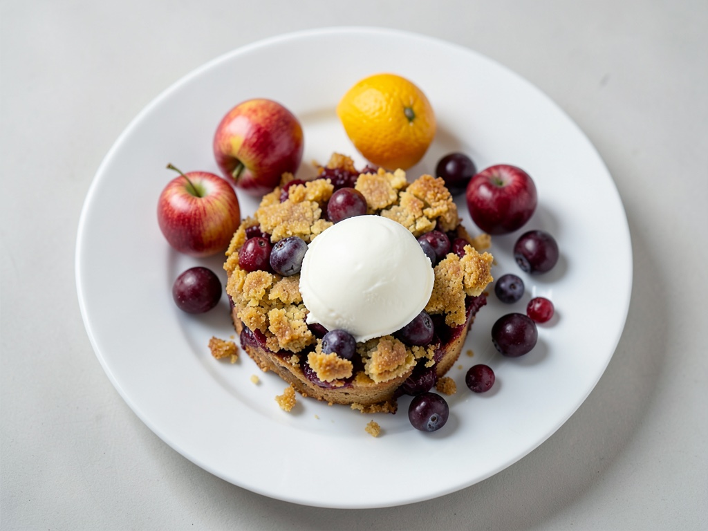 Crumble croccante di mela e rabarbaro con gelato alla vaniglia e frutti di bosco