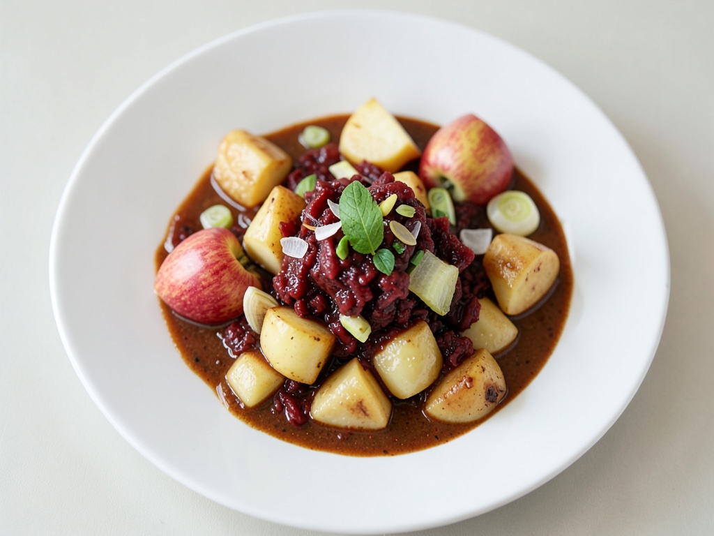 Cavolo rosso con mele e gnocchi di patate in salsa di noci macadamia