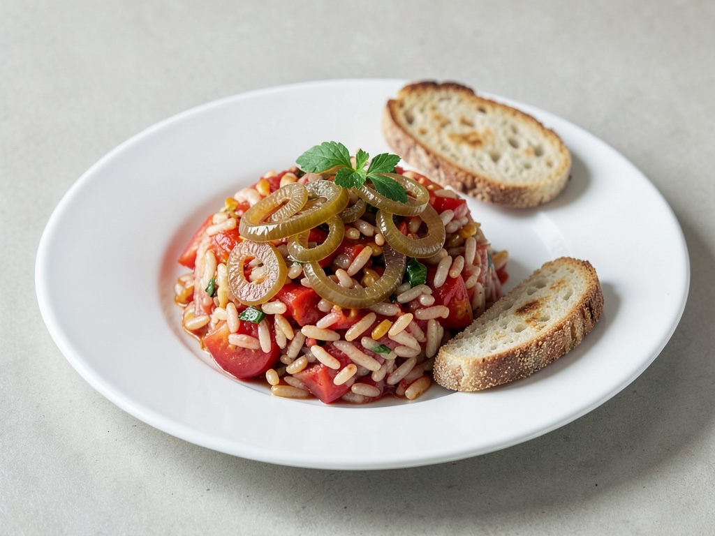 Riso al pomodoro con cipolle marinate e croccante pane all'aglio