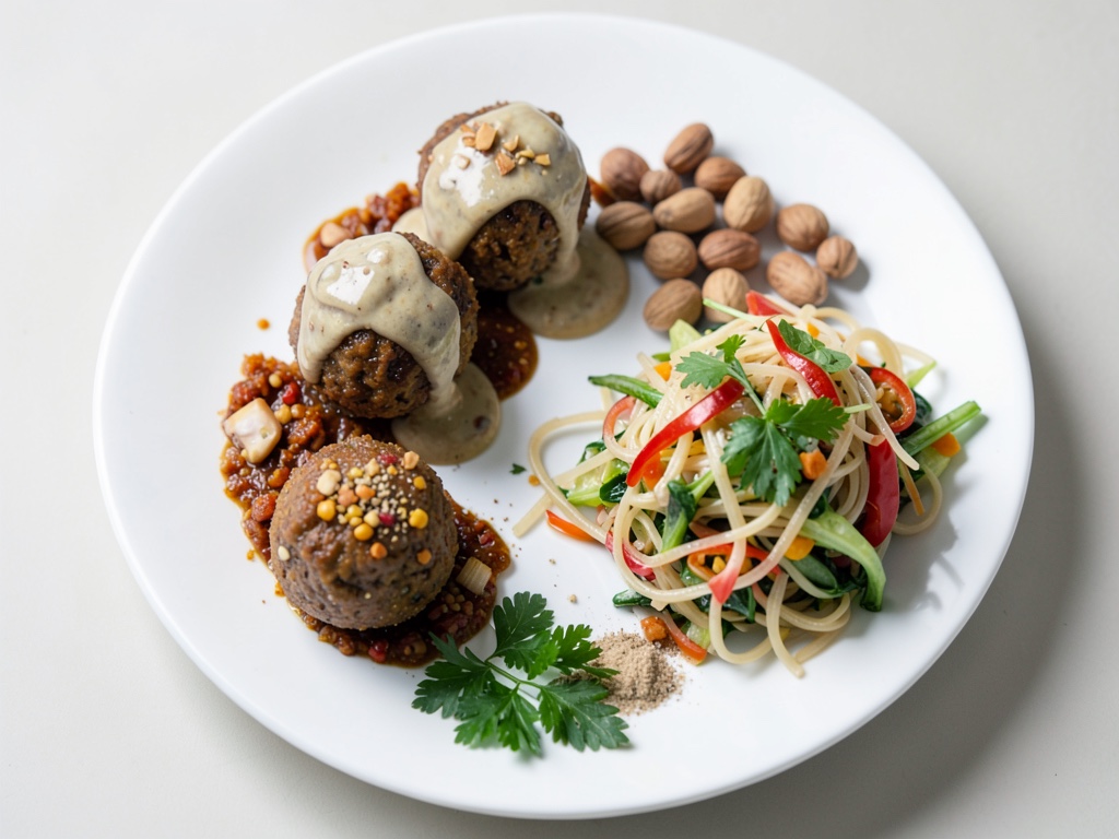 Polpette asiatiche con condimento al cocco, insalata di vermicelli di vetro e verdure e arachidi