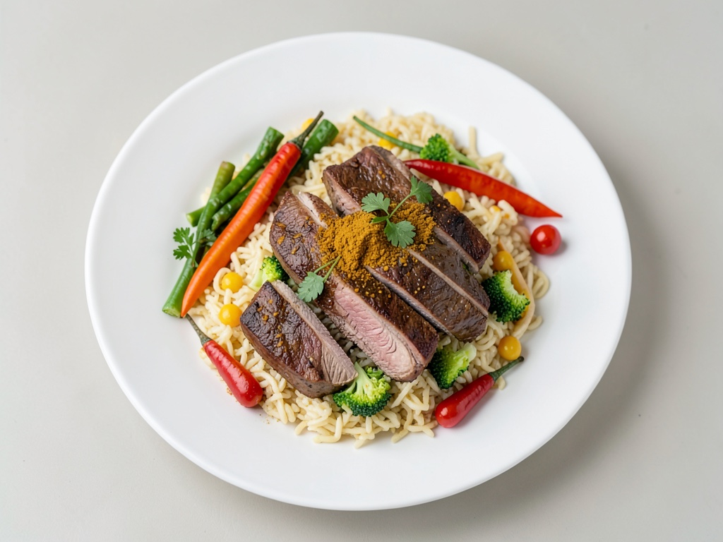 Poêle de riz et légumes asiatique au porc au coco et aux épices