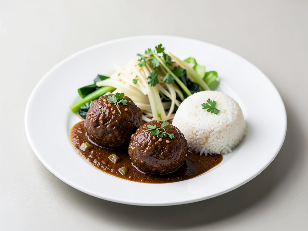 Polpette asiatiche con verdure al vapore e riso
