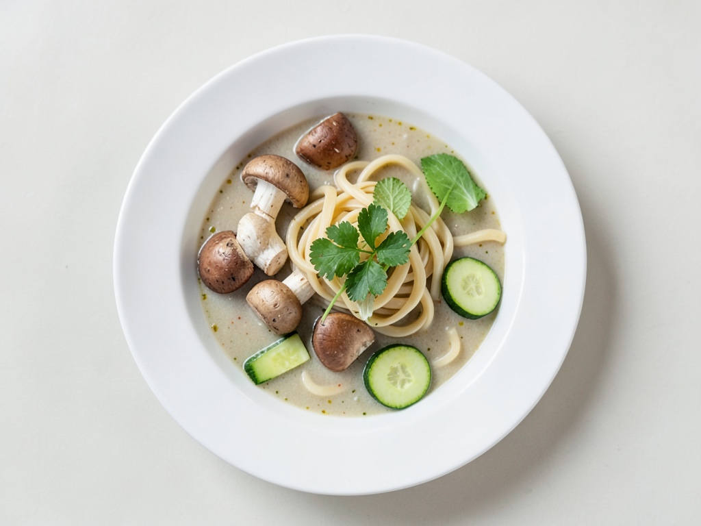 Sopa cremosa de udon con coco y verduras