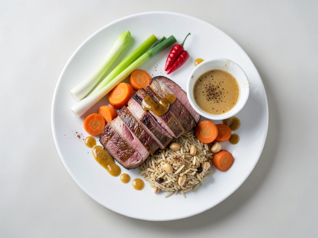 Tiras de bistec asiáticas con zanahorias con miel y arroz de coco y cacahuete