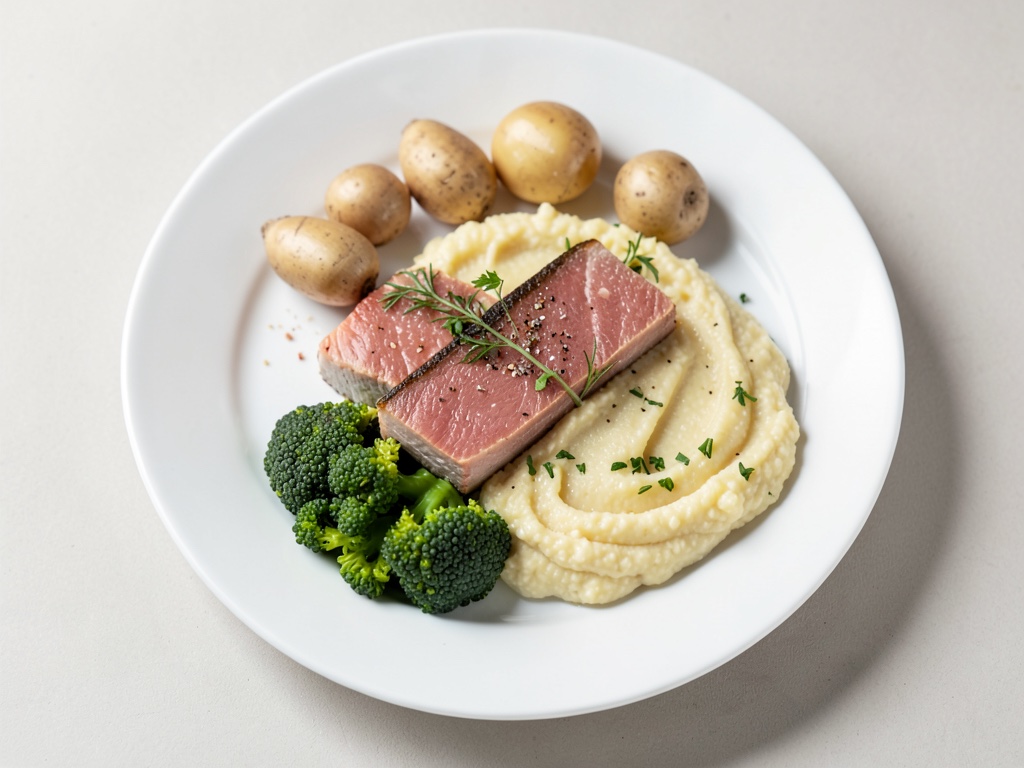 Lachs auf Orangen mit cremigem Rosenkohl und Kartoffelbrei