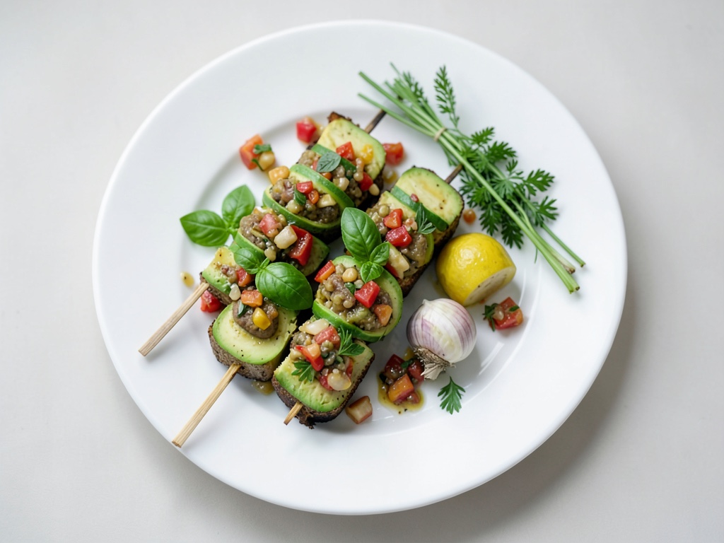 Gegrillte Garnelen- und Avocado-Spieße mit frischer Tomaten-Bruschetta