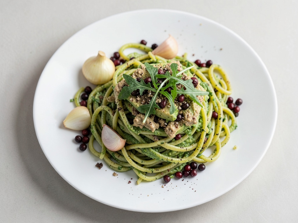 Spaghetti mit cremiger Avocado-Feta-Creme, Rucola und Rosinen