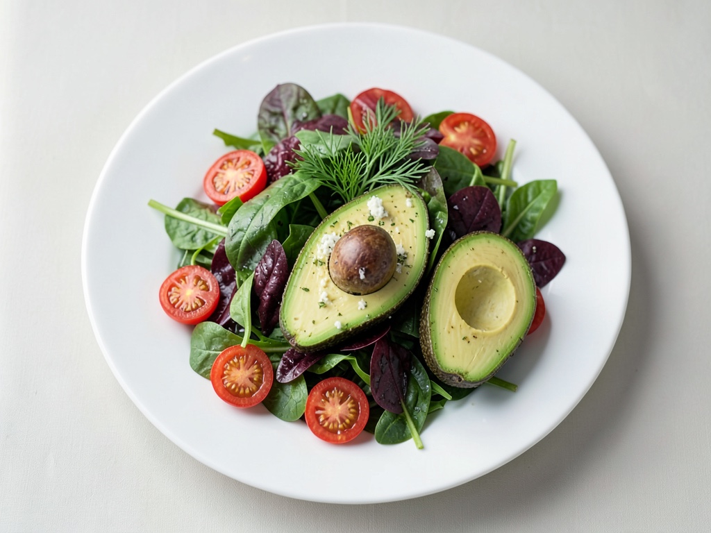 Bocconcini di avocado con dip alle erbe e insalata fresca di spinaci e pomodori