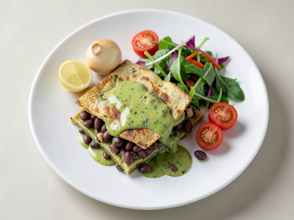 Quesadillas all'avocado con purè di fagioli e condimento di panna acida al lime