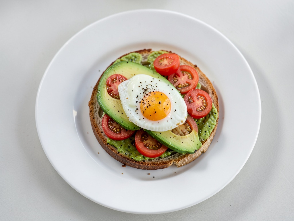 Pan de tomate y aguacate con huevo frito