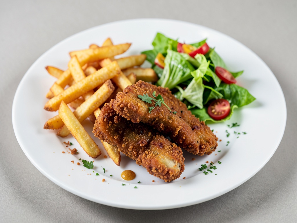 Strisce di pollo croccanti con patatine di pane e insalata