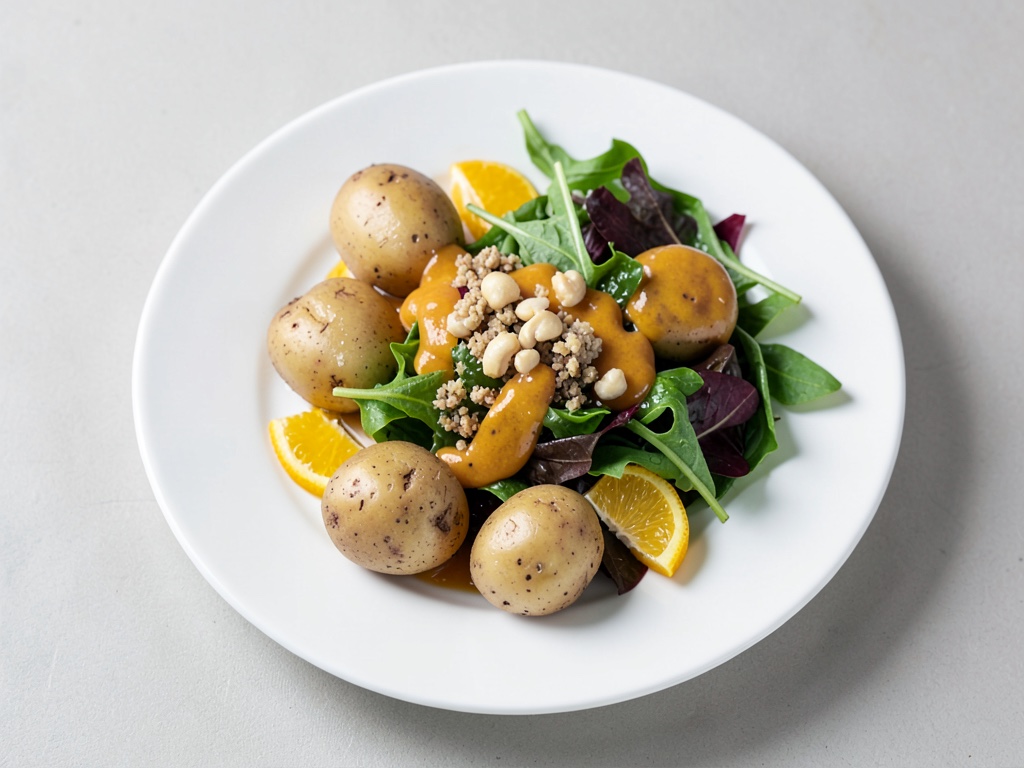 Pommes de terre au four avec mâche, vinaigrette à l'orange et croquant de noix de cajou