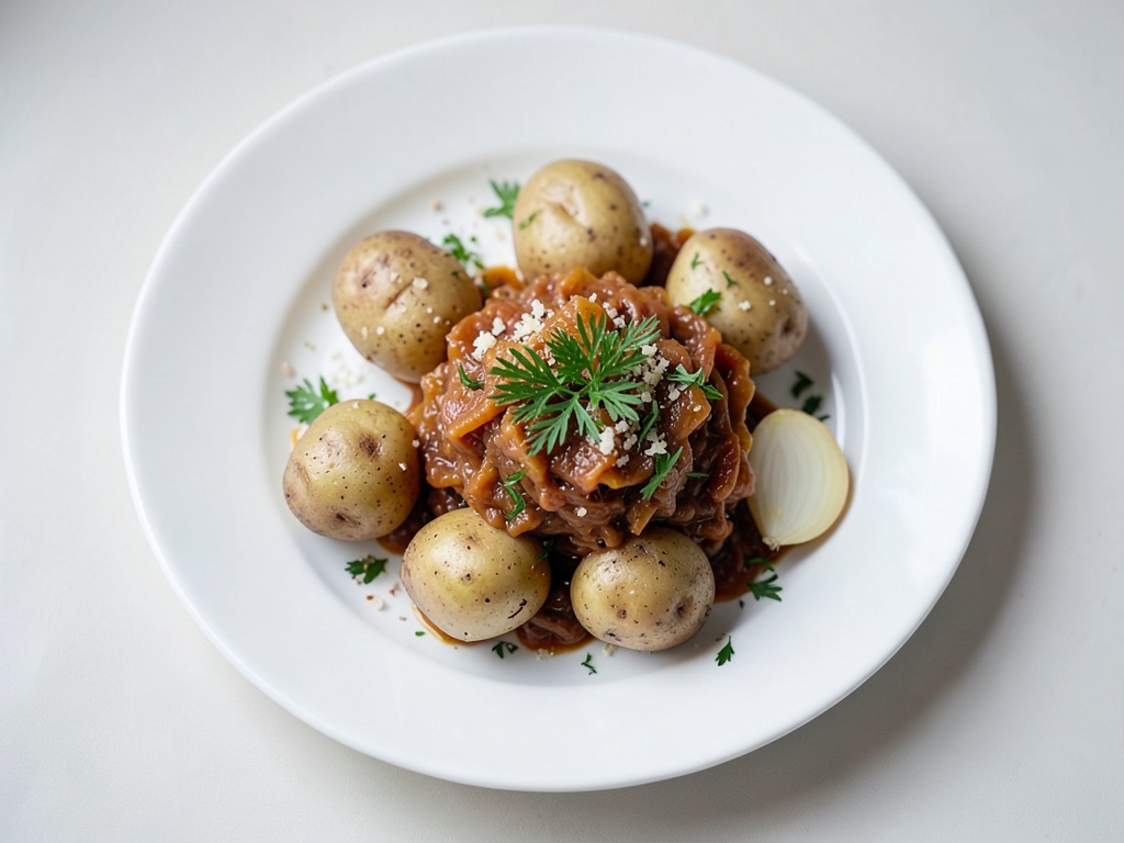 Patate al forno con crauti cremosi alle mele e crosta di prezzemolo