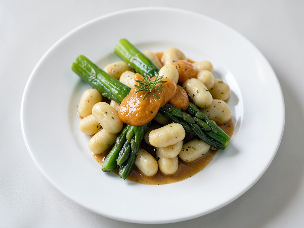 Gnocchi croccanti all'aglio orso con asparagi e salsa all'arancia