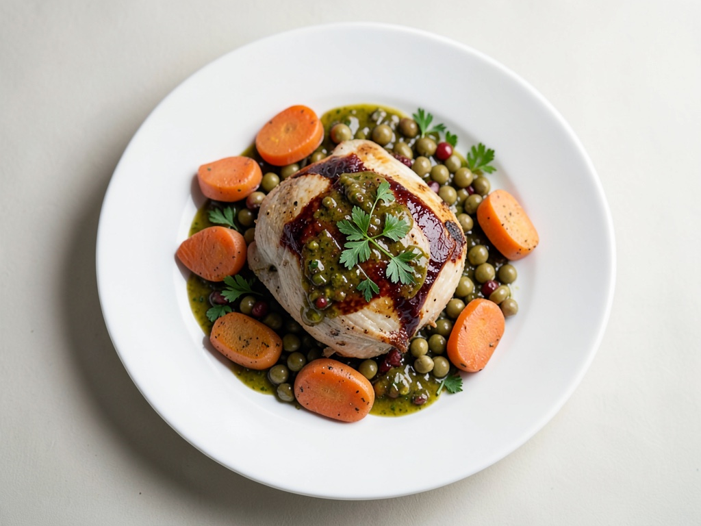 Pollo al balsamico con lenticchie, carote arrosto e condimento alle erbe e uvetta