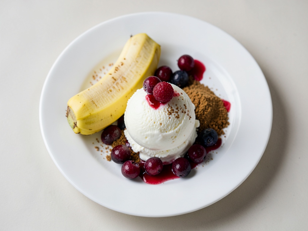 Gelato cremoso alla banana e cocco con mirtilli freschi