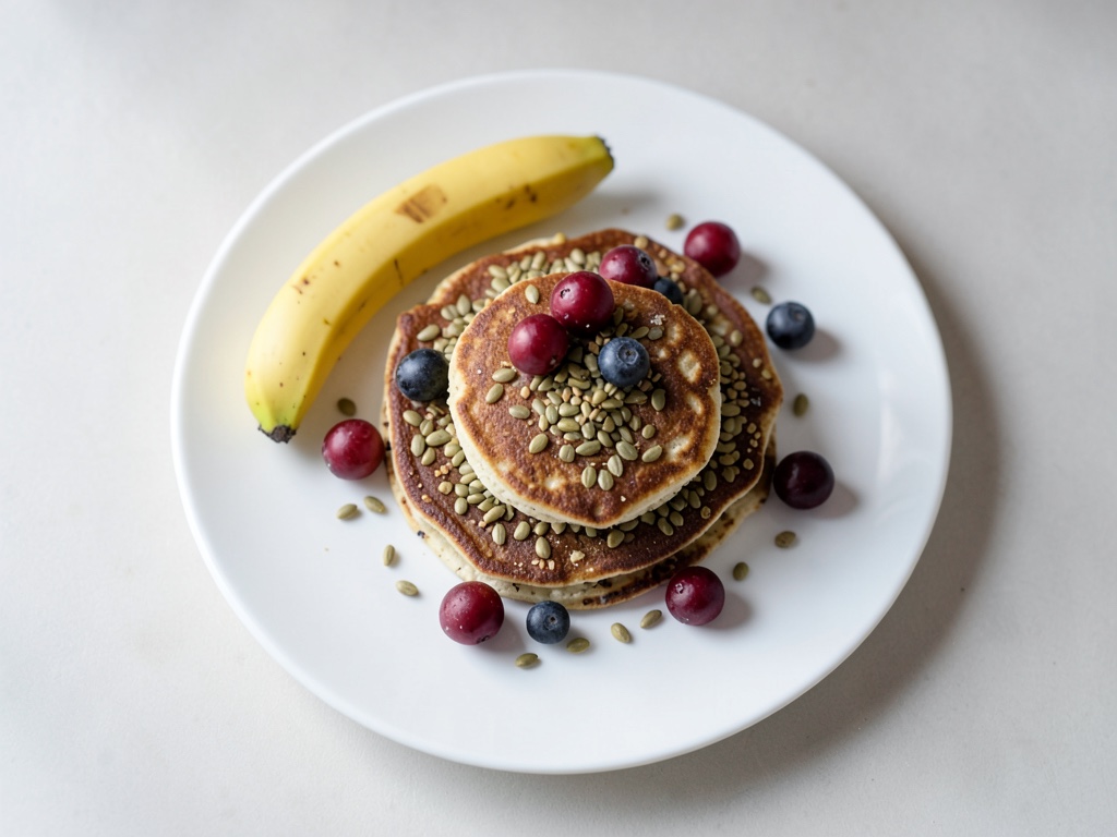 Fluffige Bananen-Pfannkuchen mit Hanfsamen und Heidelbeeren