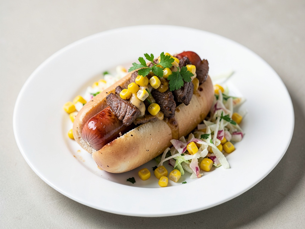 Grill-Hotdog mit Rind, Mais und Krautsalat