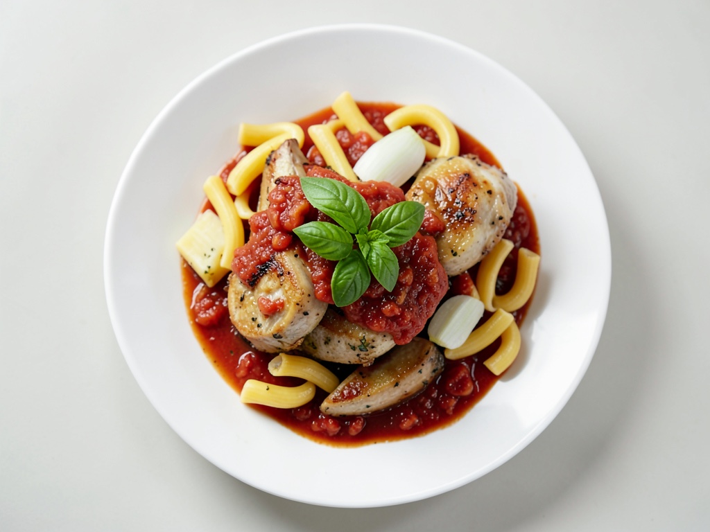 Piccata di tacchino con basilico, maccheroni e salsa di pomodoro piccante