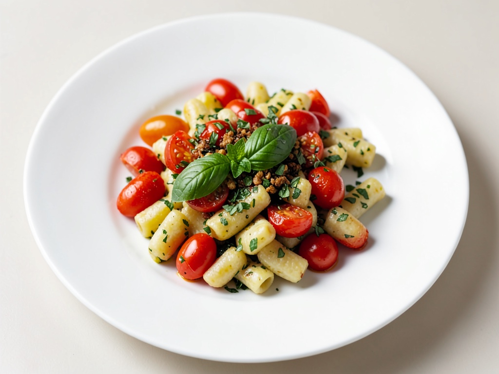 Gnocchi de crema de albahaca con tomates y migas de hierbas mediterráneas