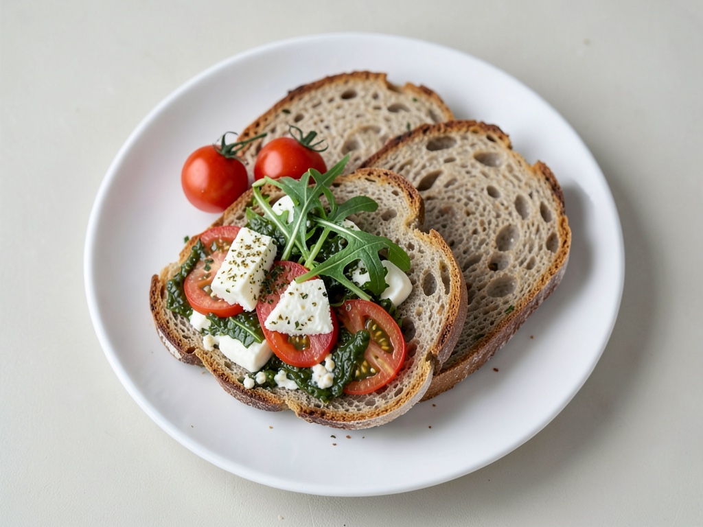 Pan de granja con queso crema y topping de tomate y rúcula
