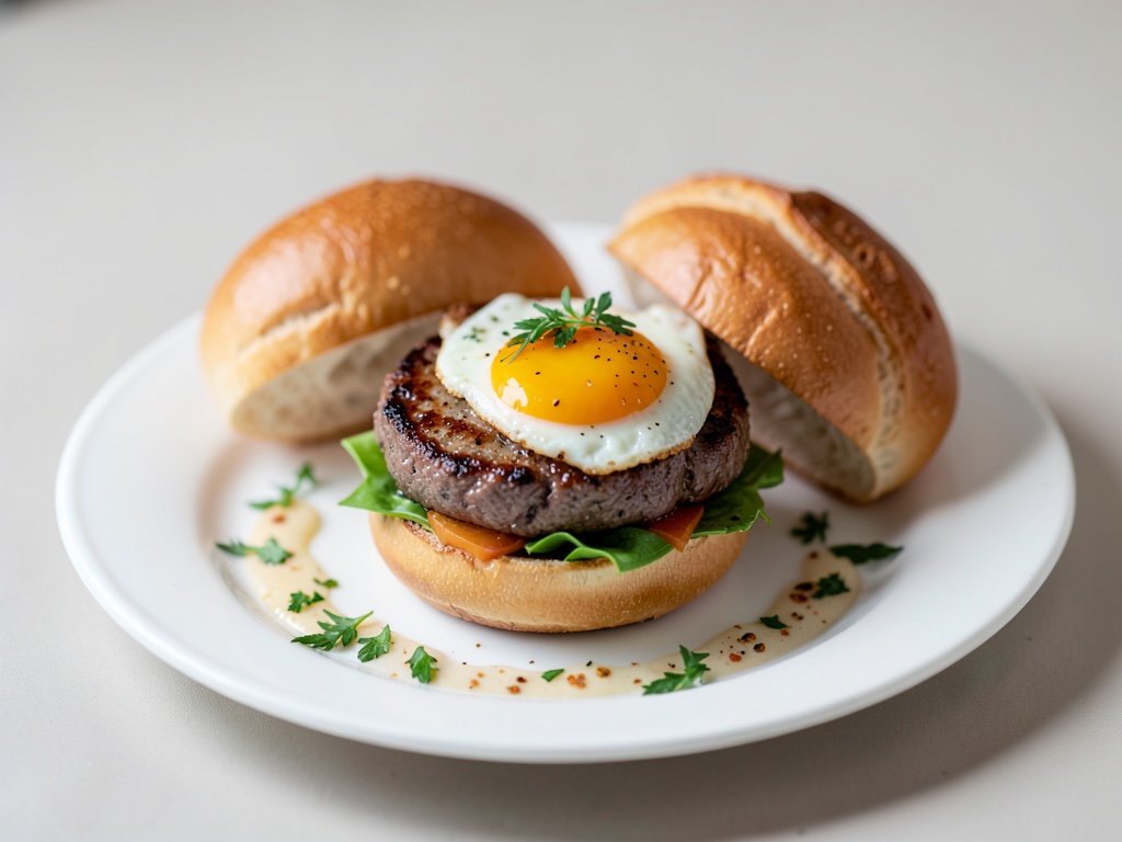 Burgers de bœuf avec œuf au plat et buns briochés frais
