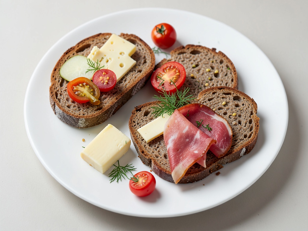 Tostadas con queso de corte, jamón y pepinillos
