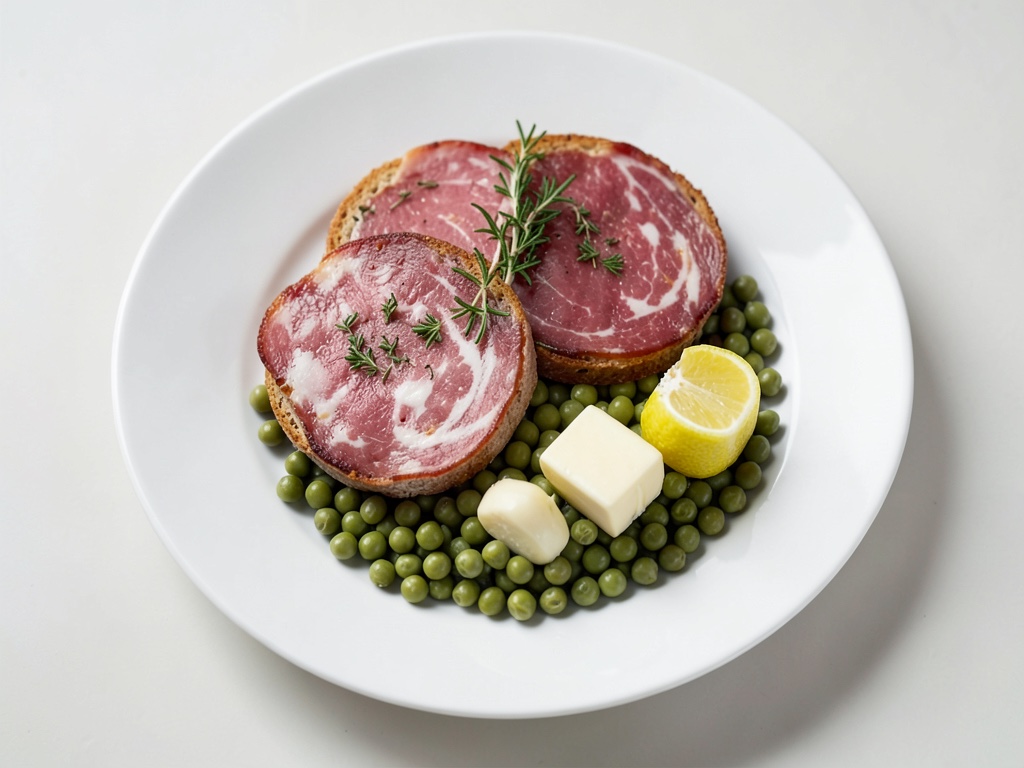 Piccole torte di pane con purè di piselli e prosciutto