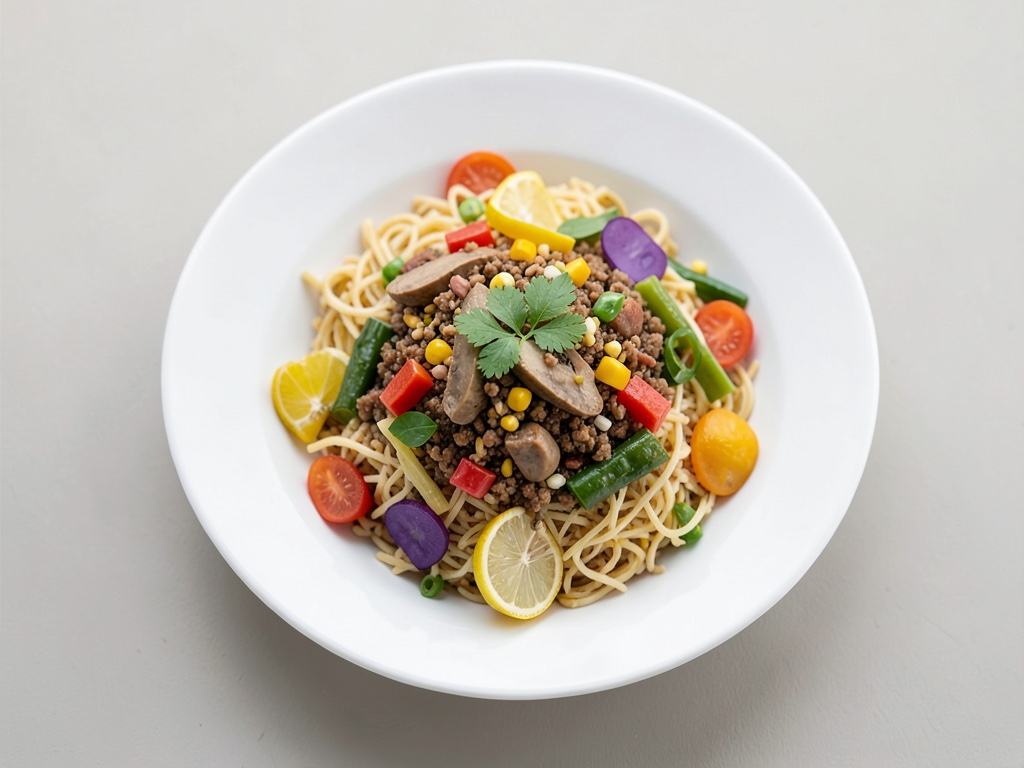 Bibimbap colorato con sostituto di carne ai funghi e verdure fresche