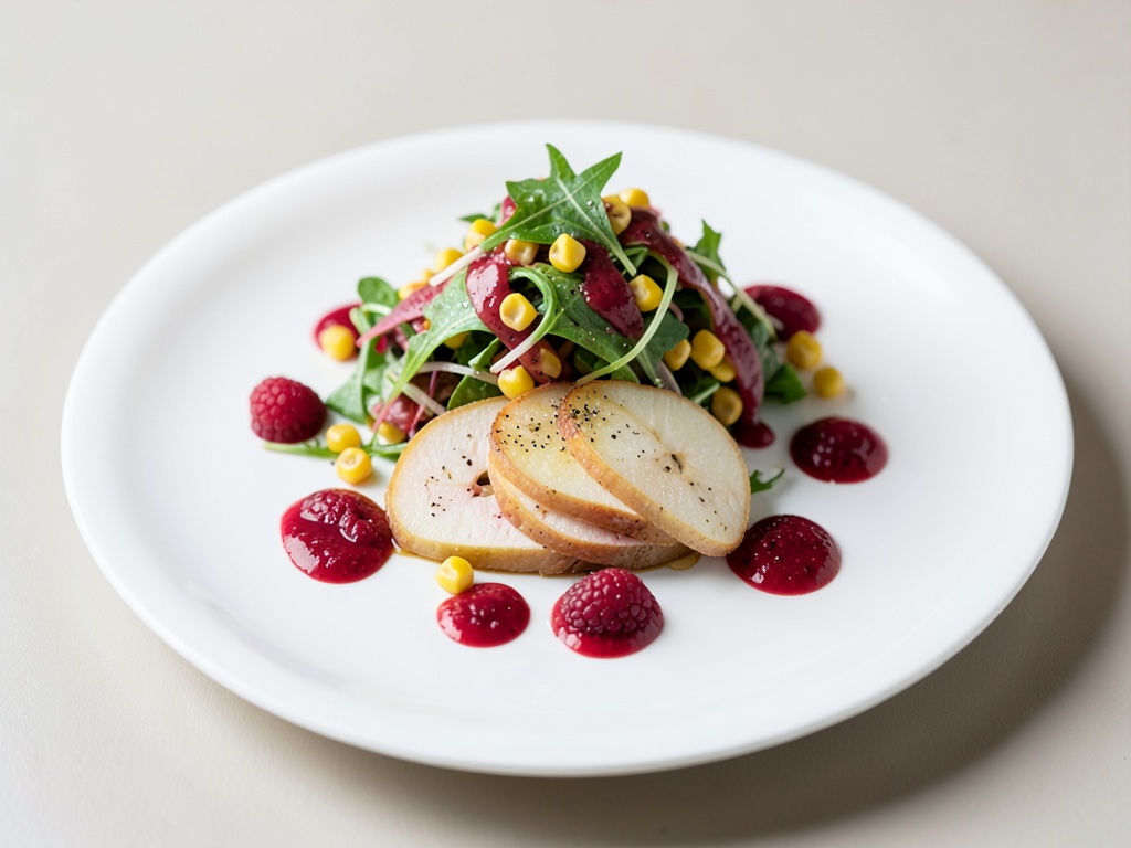 Carpaccio de pera con espinaca de campo y vinagreta de frambuesa