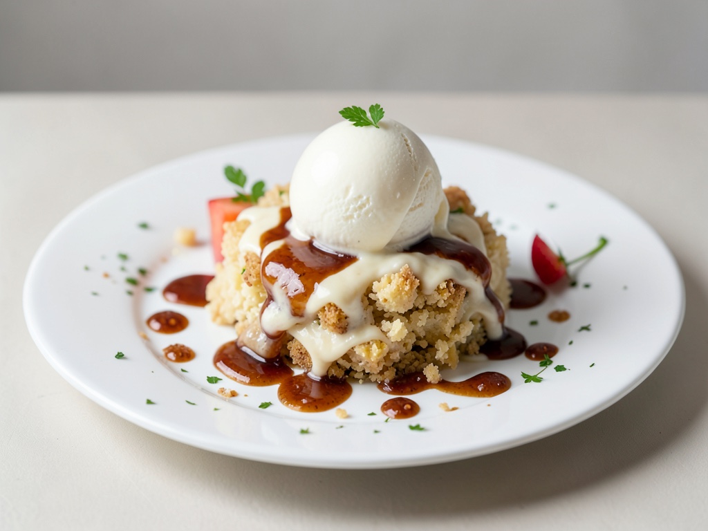 Cremige Birnen-Crumble mit Karamell und Eis