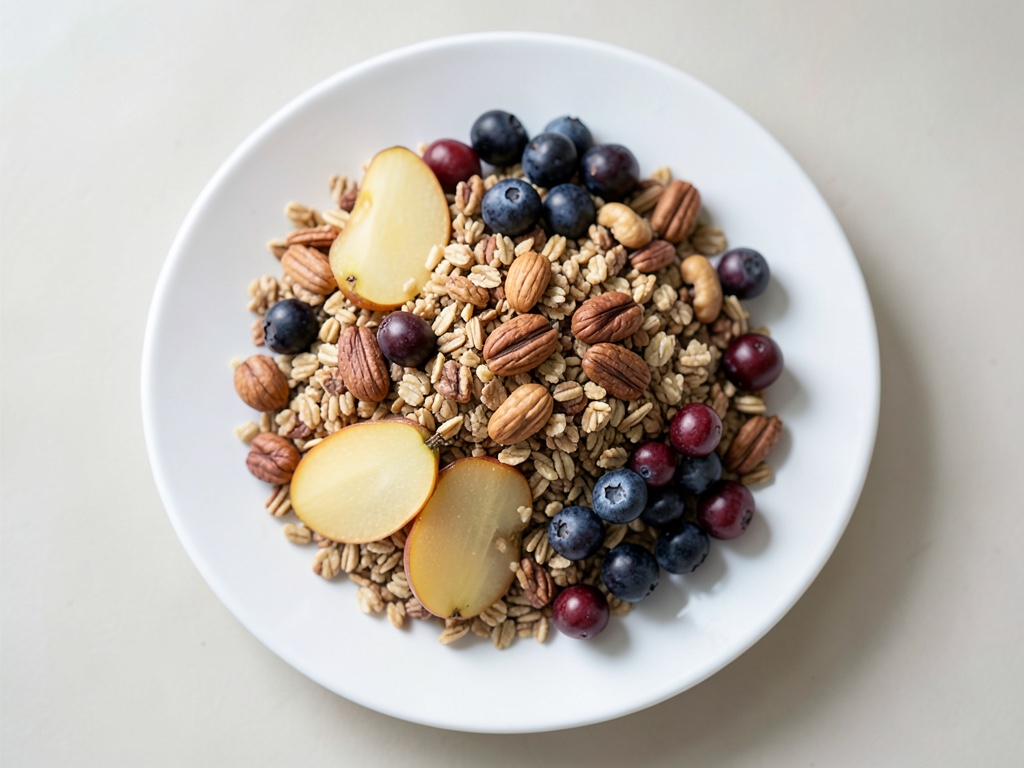 Muesli de peras y frambuesas con nueces