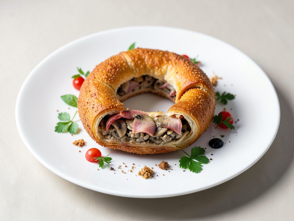 Corona croccante di pasta sfoglia con ripieno di funghi champignon e prosciutto