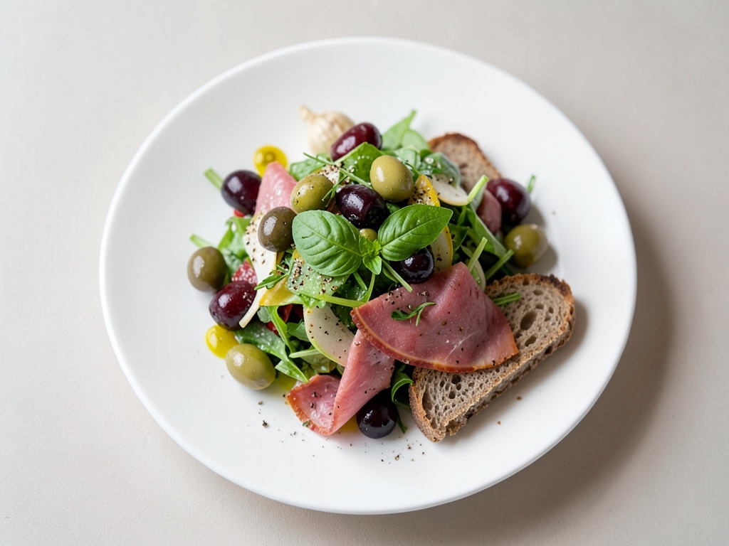 Ensalada de lechuga con aceitunas, jamón serrano y pan de albahaca