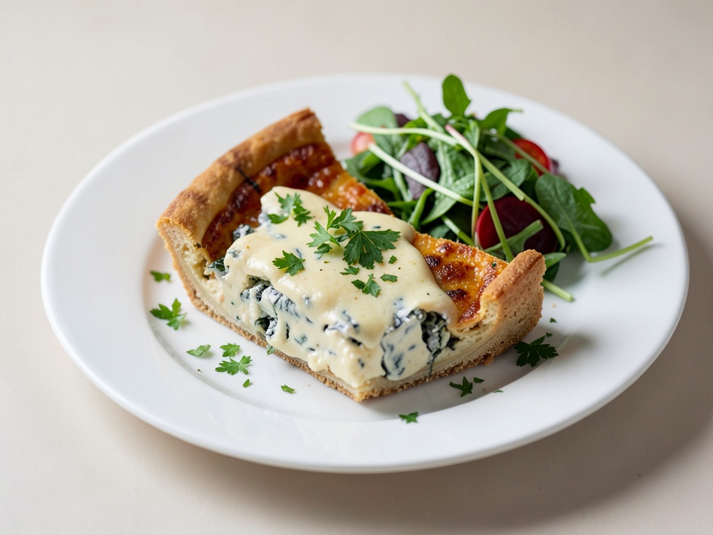 Quiche al formaggio erborinato con insalata di erbe fresche